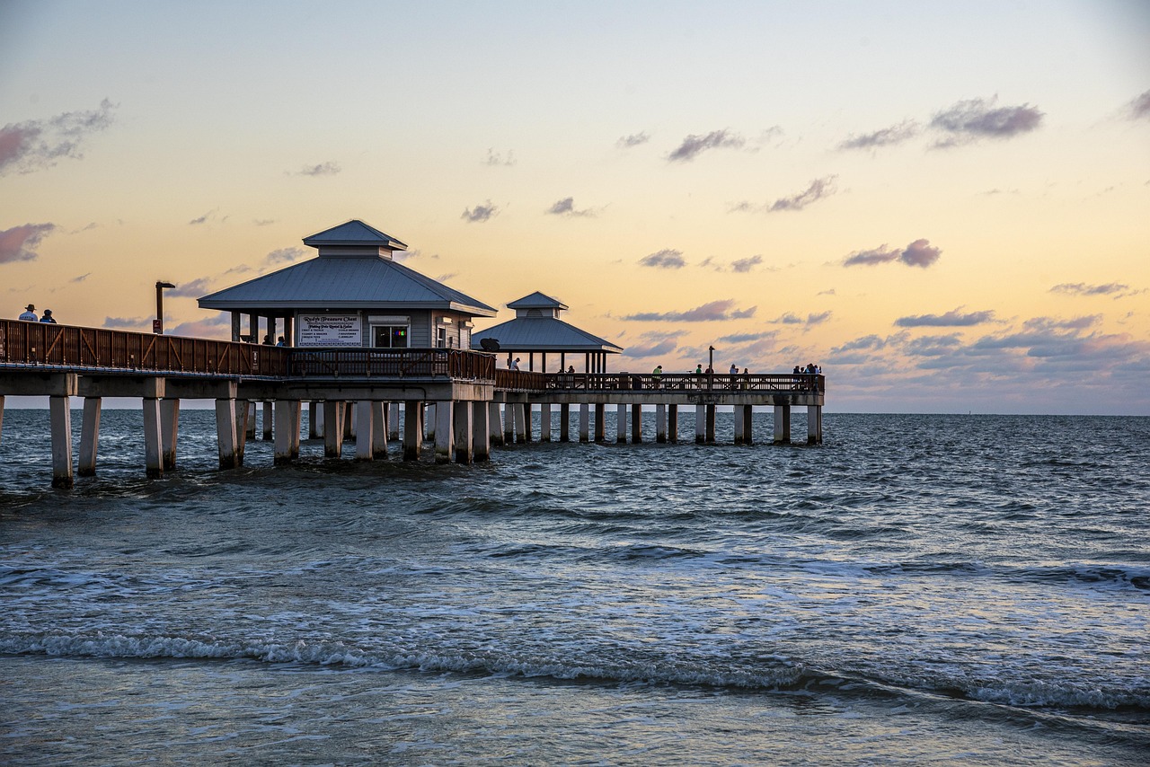 beach, pier, sunset, sea, ocean, water, calm, waves, horizon, scenery, nature, scenic, dusk, boardwalk, fishing pier, gulf of mexico, fort myers beach, florida